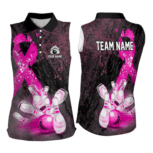 Personalized Pink Ribbons Grunge Bowling Sleeveless Polo Shirts, Custom breast cancer bowling shirts NQS9613