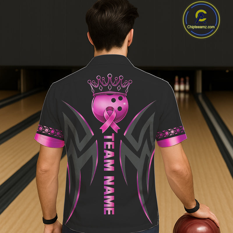 Black and Pink ribbon Breast Cancer Bowling ball Button-up Shirt Custom Hawaiian Bowling Team jerseys NQS11691