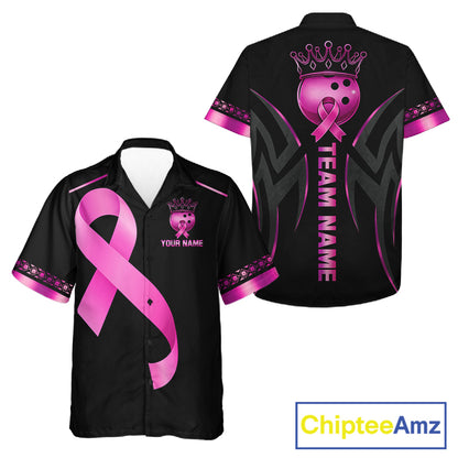 Black and Pink ribbon Breast Cancer Bowling ball Button-up Shirt Custom Hawaiian Bowling Team jerseys NQS11691