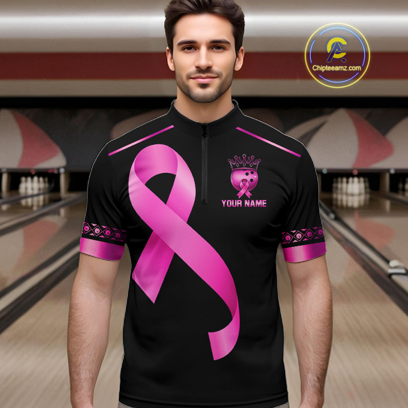 Black and Pink ribbon Breast Cancer Bowling ball Shirts for Men Custom Bowling Team jerseys NQS11691