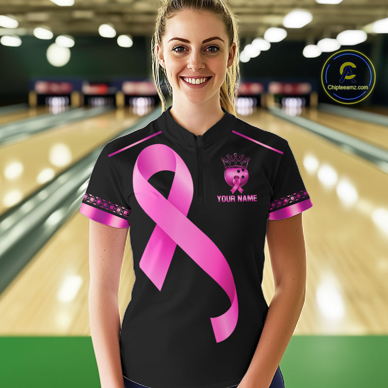 Black and Pink ribbon Breast Cancer Bowling ball Shirts for Women Custom Bowling Team jerseys NQS11691