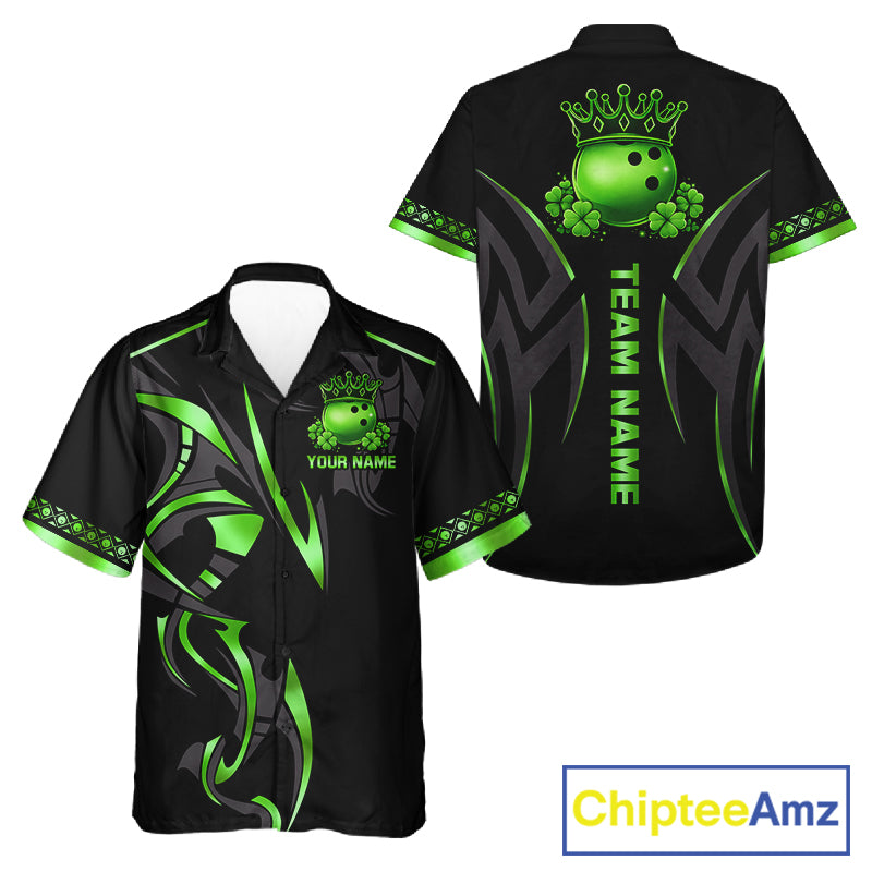 Black and Green clovers St Patrick's Day Bowling Button-up Shirt Custom Hawaiian Bowling Team jerseys NQS11692