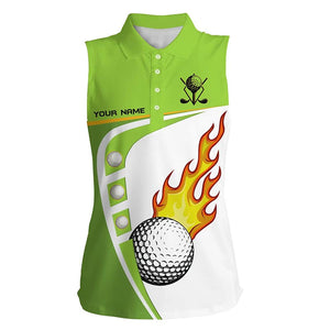 White and green Womens sleeveless golf shirt custom golf ball fire ladies golf apparel, green golf top NQS7378