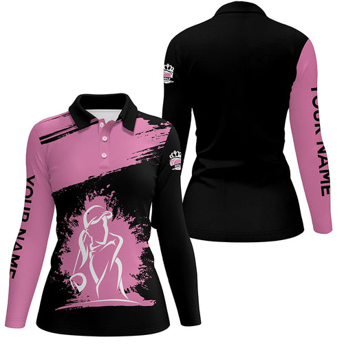 Black and pink Womens golf polo shirt custom name golf tops for ladies, gift for golf lovers NQS5357