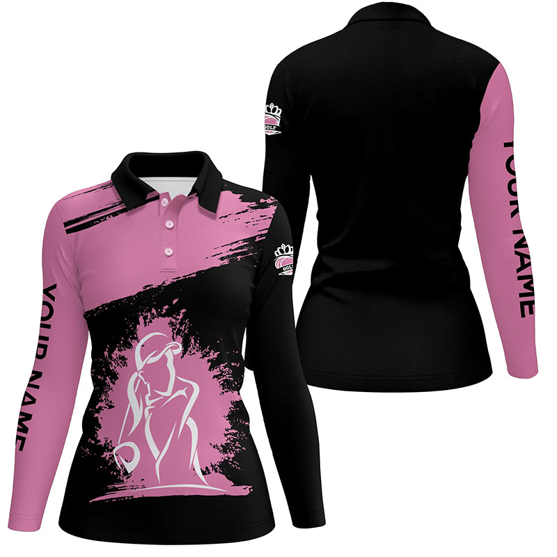 Black and pink Womens golf polo shirt custom name golf tops for ladies, gift for golf lovers NQS5357