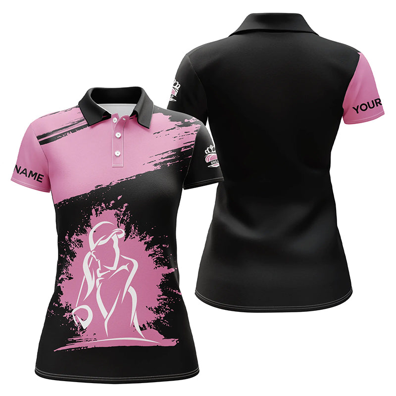 Black and pink Womens golf polo shirt custom name golf tops for ladies, gift for golf lovers NQS5357