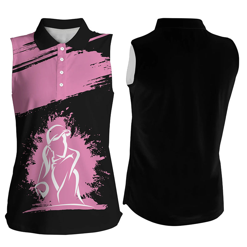 Black and pink Women sleeveless polo shirt, golf tops for ladies, gift for golf lovers NQS5357