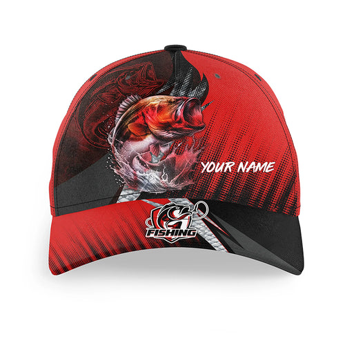 Bass Fishing Baseball Angler Hat Cap, Personalized Fishing Gifts | Red NQS5367