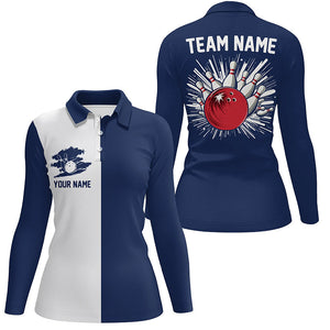 Navy Blue and white Retro Bowling shirts For Women Custom team bowling jerseys gift for Bowlers NQS7561