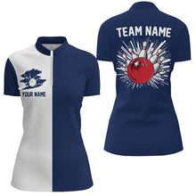 Load image into Gallery viewer, Navy Blue and white Retro Bowling shirts For Women Custom team bowling jerseys gift for Bowlers NQS7561