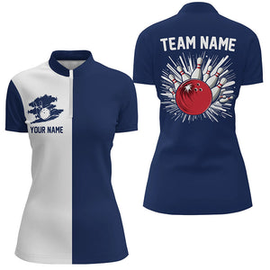 Navy Blue and white Retro Bowling shirts For Women Custom team bowling jerseys gift for Bowlers NQS7561