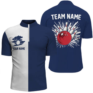 Navy Blue and white Retro Bowling shirts For Men Custom team bowling jerseys gift for Bowlers NQS7561