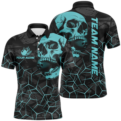 Black Skull camo bowling shirt for men custom bowling team jerseys, gifts for bowlers | Turquoise NQS7567