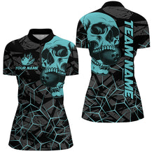 Load image into Gallery viewer, Black Skull camo bowling shirt for women custom bowling team jerseys, gifts for bowlers | Turquoise NQS7567