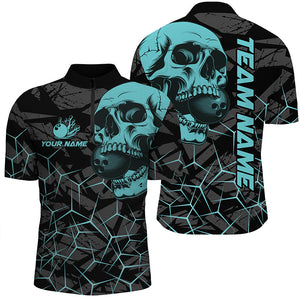 Black Skull camo bowling shirt for men custom bowling team jerseys, gifts for bowlers | Turquoise NQS7567