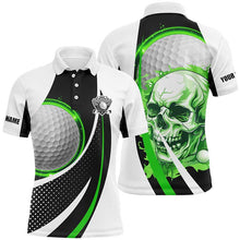 Load image into Gallery viewer, Black and white Golf Skull Mens golf polo shirt custom golf attire for men, gifts for golfer | Green NQS7950