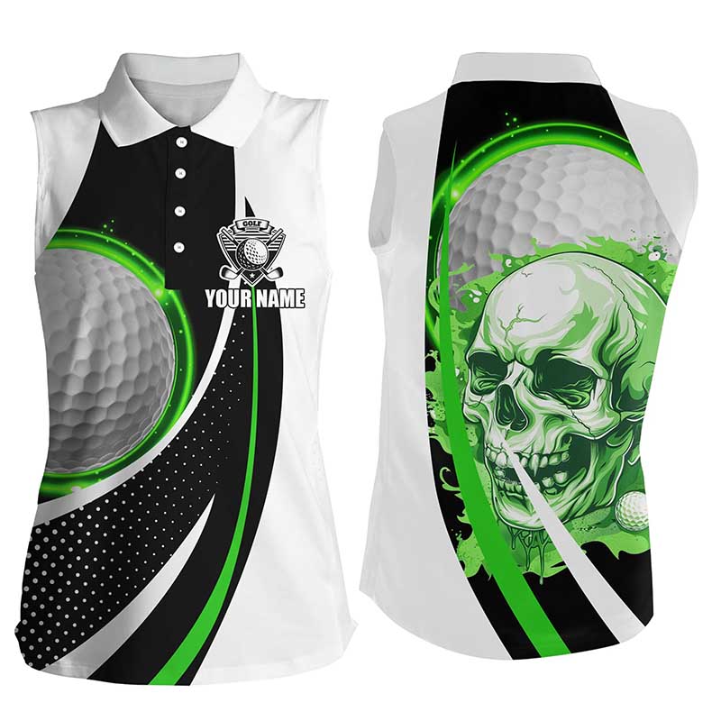 Black and white Golf Skull Womens sleeveless polo shirt custom golf attire for ladies | Green NQS7950