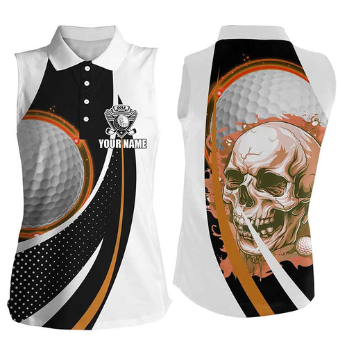 Black and white Golf Skull Womens sleeveless polo shirt custom golf attire for ladies | Orange NQS7951