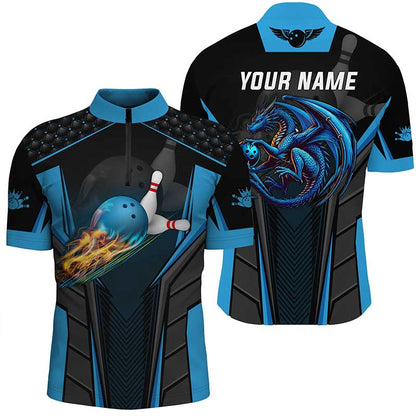 Personalized 3D bowling shirt for men Custom Dragon team blue Bowling jerseys polo, Quarter zip Shirts NQS7954