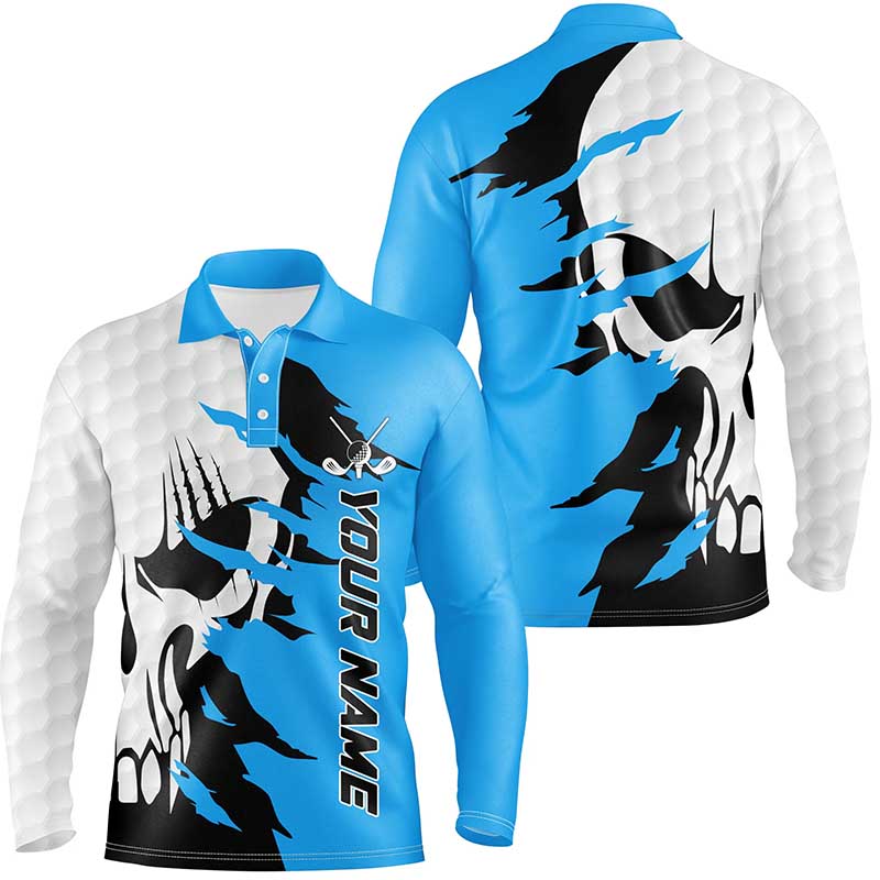 Mens golf polos shirts custom name golf skull shirts for men, personalized golf gifts | Blue NQS7955