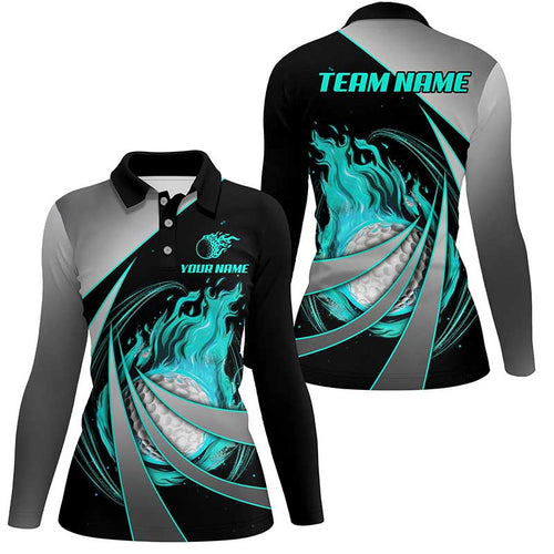 Womens golf polos shirts custom flame golf ball shirts for women, personalized golf gifts | Cyan Blue NQS7957