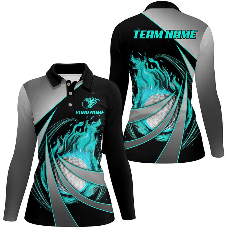 Womens golf polos shirts custom flame golf ball shirts for women, personalized golf gifts | Cyan Blue NQS7957