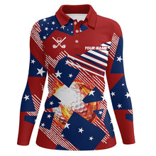 Load image into Gallery viewer, Red, white and Blue American Flag Flame Golf ball custom Womens golf polo shirts, golf gifts for women NQS8162