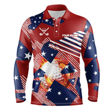 Load image into Gallery viewer, Red, white and Blue American Flag Flame Golf ball custom Mens golf polo shirts, golf gifts for men NQS8162