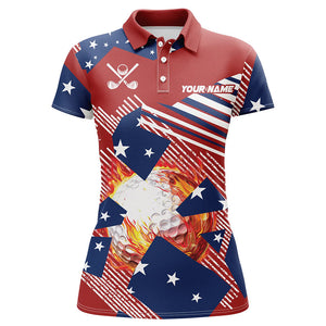 Red, white and Blue American Flag Flame Golf ball custom Womens golf polo shirts, golf gifts for women NQS8162