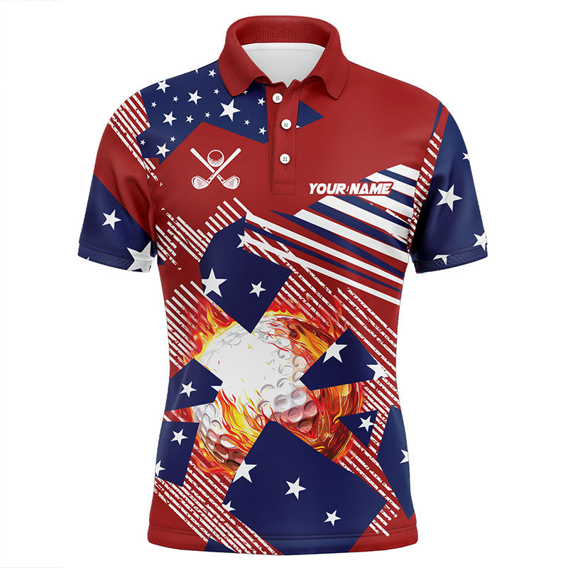 Red, white and Blue American Flag Flame Golf ball custom Mens golf polo shirts, golf gifts for men NQS8162