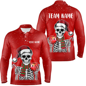 Skull Christmas Bowling Polo, Quarter Zip shirt for Men custom bowling jersey Xmas Gift for team | Red NQS8835