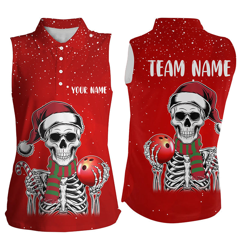 Skull Christmas Women Bowling Sleeveless Polo shirt custom bowling jersey Xmas Gift for team | Red NQS8835