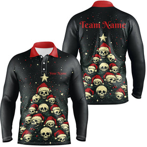 Funny Skull Christmas Tree Mens Bowling Polo, Quarter Zip shirts custom Xmas Team bowling jerseys NQS8836