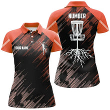 Load image into Gallery viewer, Orange Disc golf basket camo custom name &amp; number Women disc golf polo shirts, disc golf outfit NQS9067