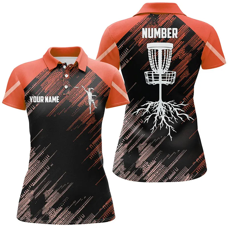 Orange Disc golf basket camo custom name & number Women disc golf polo shirts, disc golf outfit NQS9067