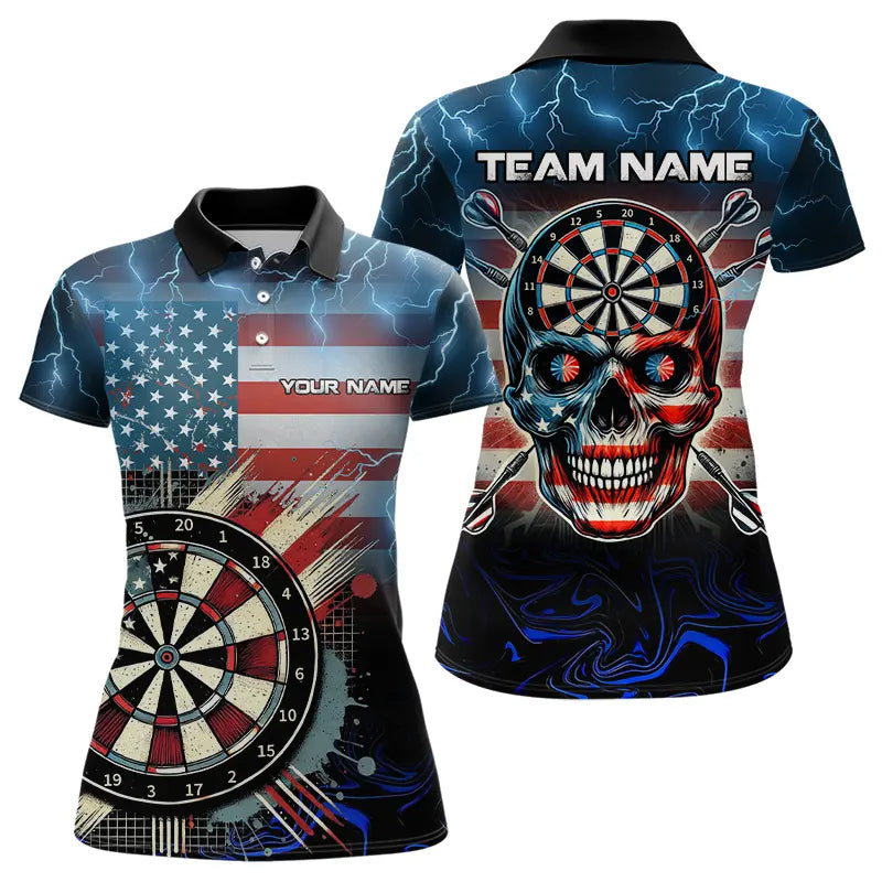 American Flag Skull Dart Board Blue lightning Custom Team Dart Polo, Quarter Zip Shirt For Women NQS9302