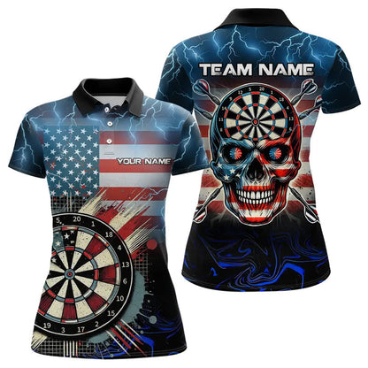 American Flag Skull Dart Board Blue lightning Custom Team Dart Polo, Quarter Zip Shirt For Women NQS9302