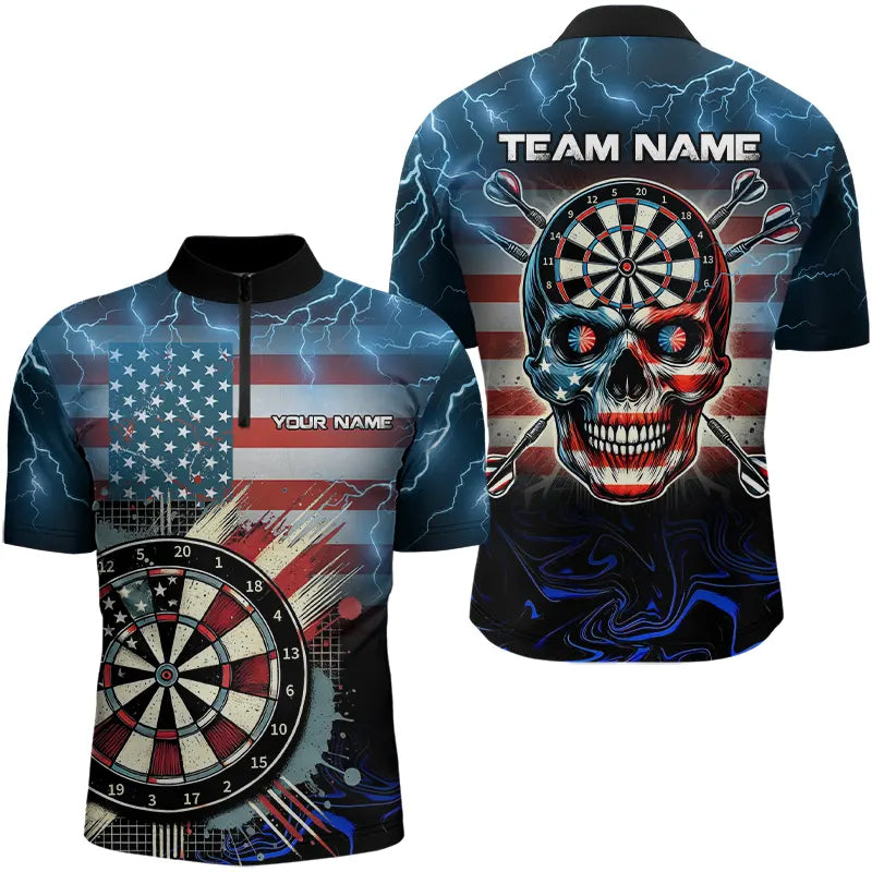 American Flag Skull Dart Board Blue lightning Custom Team Dart Polo, Quarter Zip Shirt For Men NQS9302