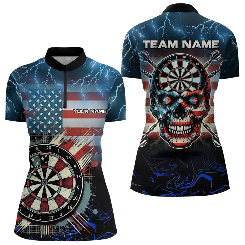 American Flag Skull Dart Board Blue lightning Custom Team Dart Polo, Quarter Zip Shirt For Women NQS9302