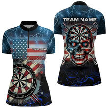 Load image into Gallery viewer, American Flag Skull Dart Board Blue lightning Custom Team Dart Polo, Quarter Zip Shirt For Women NQS9302