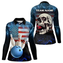 Load image into Gallery viewer, American Flag Skull Bowling Blue lightning thunder Bowling Shirt for Women Custom Team Bowling jerseys NQS9303