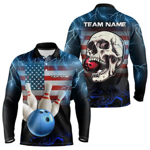 American Flag Skull Bowling Blue lightning thunder Bowling Shirt for Men Custom Team Bowling jerseys NQS9303