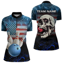 Load image into Gallery viewer, American Flag Skull Bowling Blue lightning thunder Bowling Shirt for Women Custom Team Bowling jerseys NQS9303