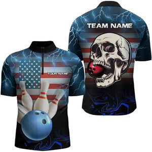 American Flag Skull Bowling Blue lightning thunder Bowling Shirt for Men Custom Team Bowling jerseys NQS9303