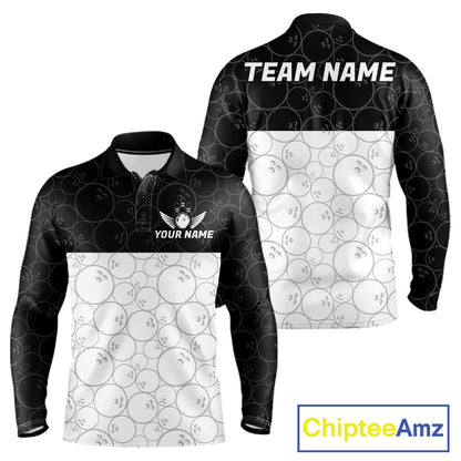 Black and White Bowling Camo Polo, 1/4 Zip Shirts for Men Custom Bowling Team League Bowlers Outfit NQS11701