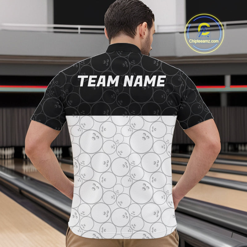 Black and White Bowling Camo Polo, 1/4 Zip Shirts for Men Custom Bowling Team League Bowlers Outfit NQS11701