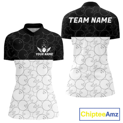 Black and White Bowling Camo Polo, 1/4 Zip Shirts for Women Custom Bowling Team League Bowlers Outfit NQS11701