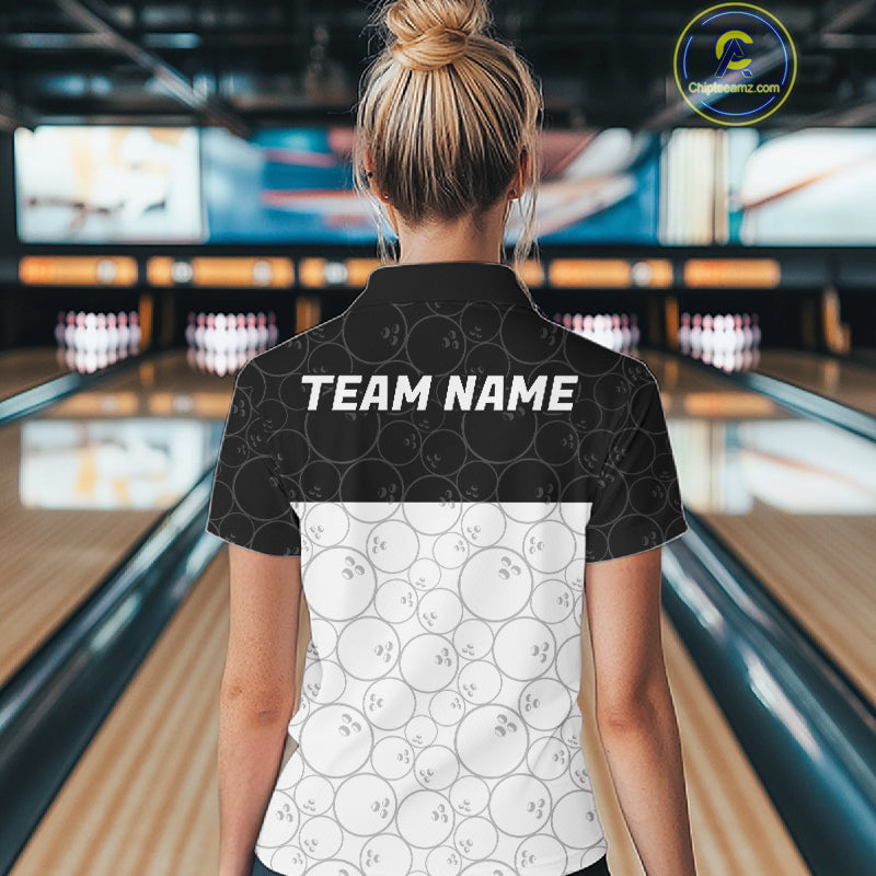 Black and White Bowling Camo Polo, 1/4 Zip Shirts for Women Custom Bowling Team League Bowlers Outfit NQS11701