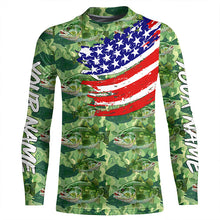 Load image into Gallery viewer, Green Largemouth Bass camo fishing American flag Custom performance long sleeve Bass fishing shirts NQS7387