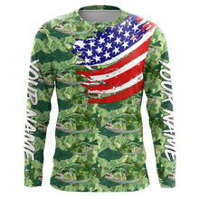 Load image into Gallery viewer, Green Largemouth Bass camo fishing American flag Custom performance long sleeve Bass fishing shirts NQS7387